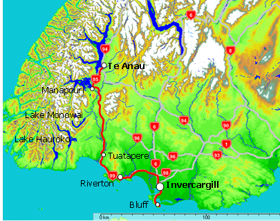 Map of Te Anau to Invercargill & Bluff via Riverton
